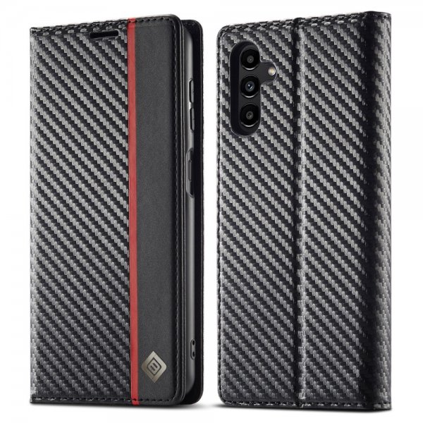 Samsung Galaxy A14 Etui Karbonfibertekstur Rød Stripe Vertical Svart