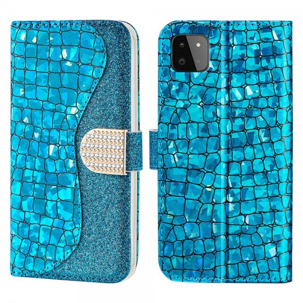 Samsung Galaxy A22 5G Etui Krokodillemønster Glitter Blå