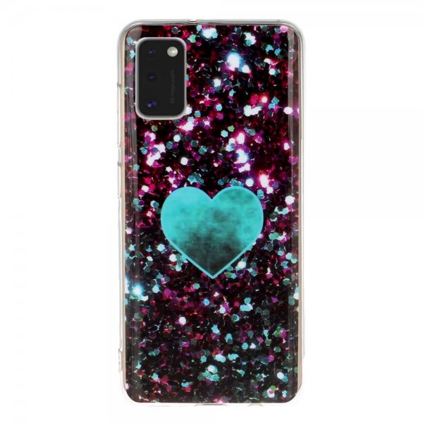 Samsung Galaxy A41 Deksel Motiv Blått Hjärta Glitter