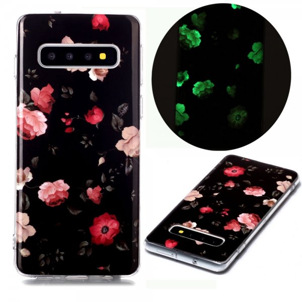 Samsung Galaxy S10 Deksel Selvlysende motiv Blommor på Svart