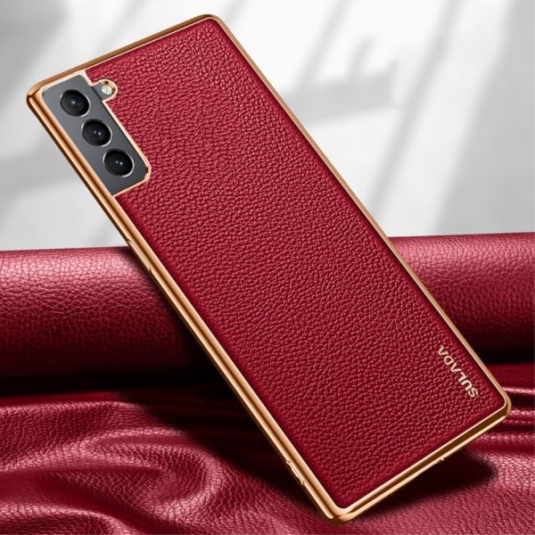 Samsung Galaxy S21 Deksel Litchimønster Belagt Kant Rød