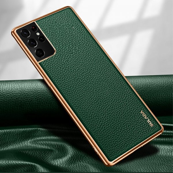Samsung Galaxy S21 Ultra Deksel Litchimønster Belagt Kant Grønn