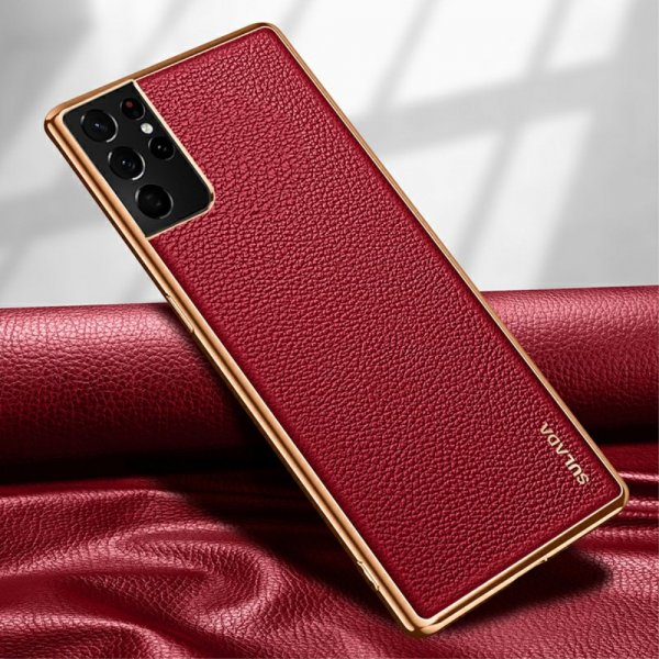 Samsung Galaxy S21 Ultra Deksel Litchimønster Belagt Kant Rød