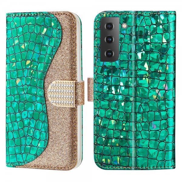 Samsung Galaxy S22 Etui Krokodillemønster Glitter Grønn