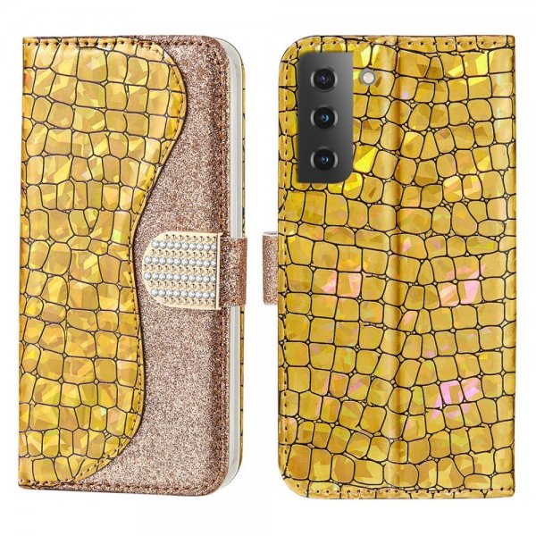 Samsung Galaxy S22 Etui Krokodillemønster Glitter Gull