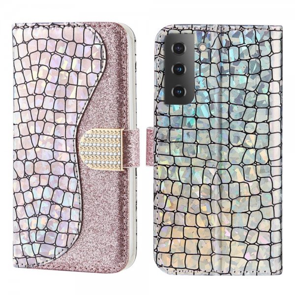 Samsung Galaxy S22 Etui Krokodillemønster Glitter Rosegull
