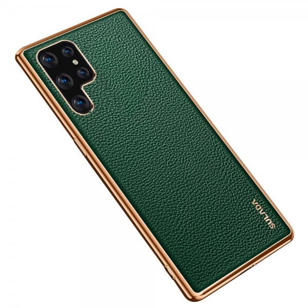 Samsung Galaxy S22 Ultra Deksel Litchimønster Belagt Kant Grønn