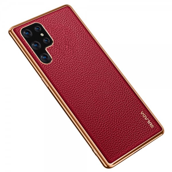 Samsung Galaxy S22 Ultra Deksel Litchimønster Belagt Kant Rød