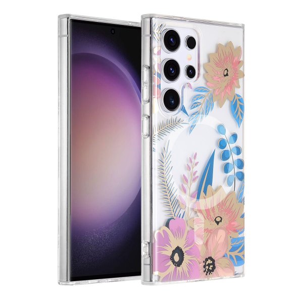 Samsung Galaxy S23 Ultra Deksel Blomstermønster MagSafe Rosa Blå