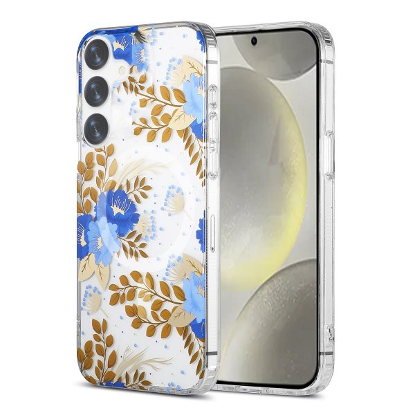 Samsung Galaxy S24 Plus Deksel Blomstermønster MagSafe Blå Gull