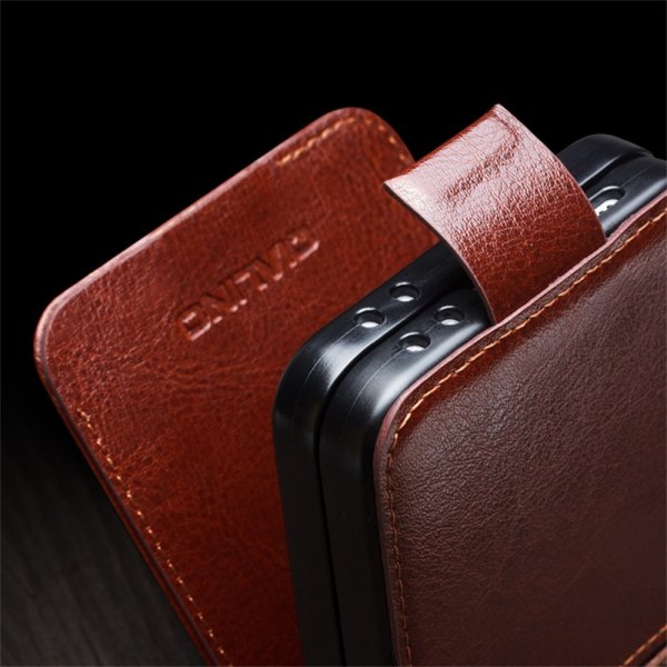Samsung Galaxy Z Flip 6/Flip 7 FE Etui Ekte Skinn med Flipp Brun