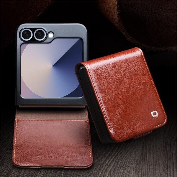 Samsung Galaxy Z Flip 6/Flip 7 FE Etui Ekte Skinn med Flipp Brun