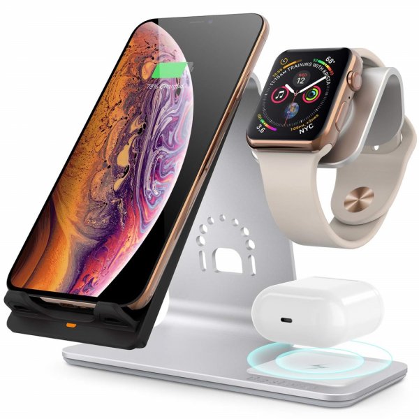 Trådløs Lader 3-i-1 iPhone. Apple Watch och AirPods Sølv